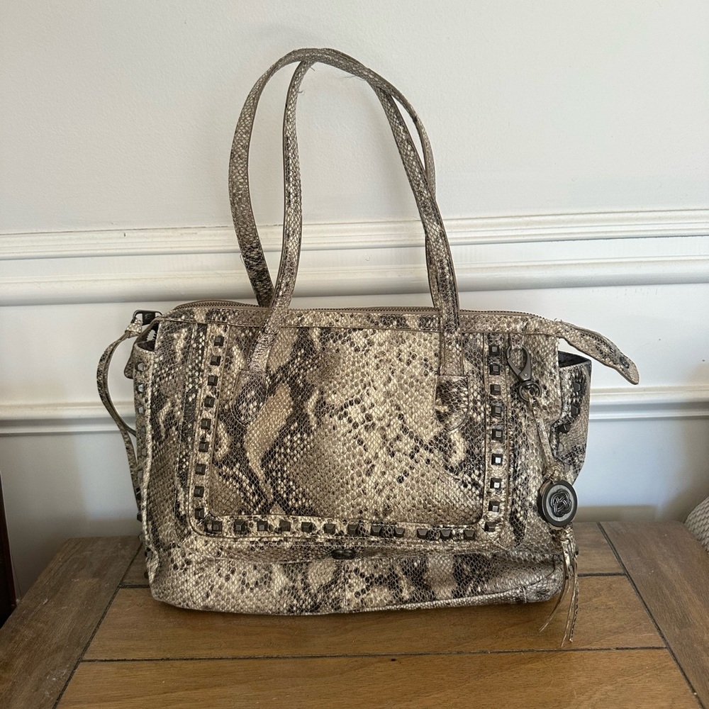 Elliott Lucca Snakeskin Print Leather Satchel Tote